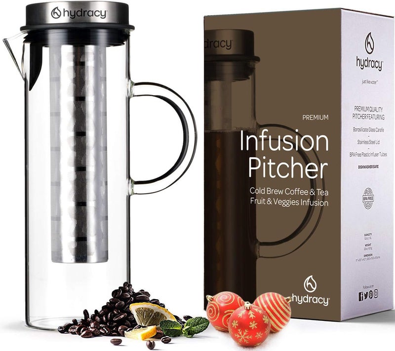 Hydracy Cold Brew Coffee Maker - Large Glass Infusion Pitcher 1.6 Quarts 52oz - Iced Coffee & Iced Tea Pitcher with Stainless Steel Lid & Fruit Infusion Tube - Perfect for Home or Office - Image 1